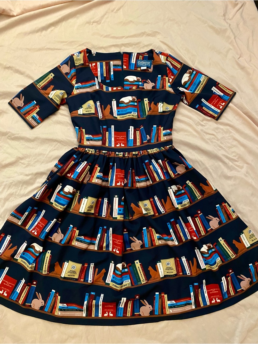 Collectif Vintage "Nourished by Knowledge” Navy Blue Dress, Size Small